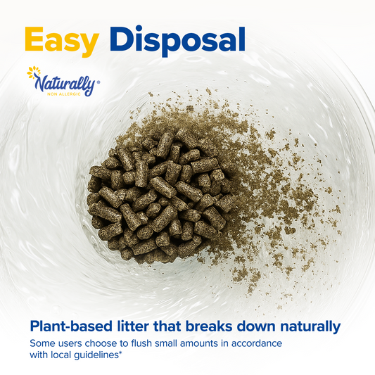 Plant-based litter in a transparent container with 'Naturally' branding and text about easy disposal.