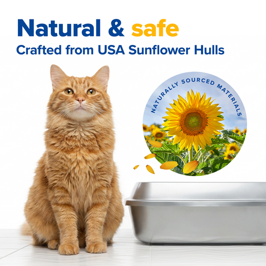 Cat sitting next to a metal tray with sunflower hulls and text about natural and safe product made from USA sunflower hulls.