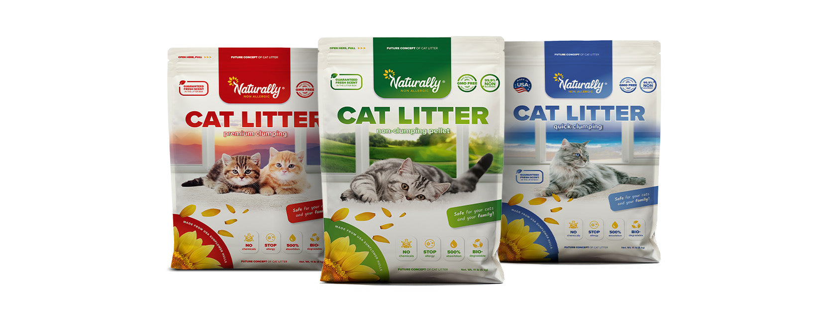 Three packages of Naturally Cat Litter on a white background