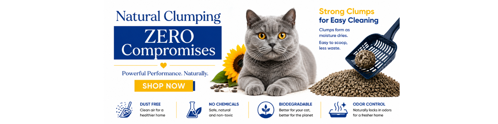 Advertisement for cat litter with a gray cat, sunflower, and scoop on a white background.