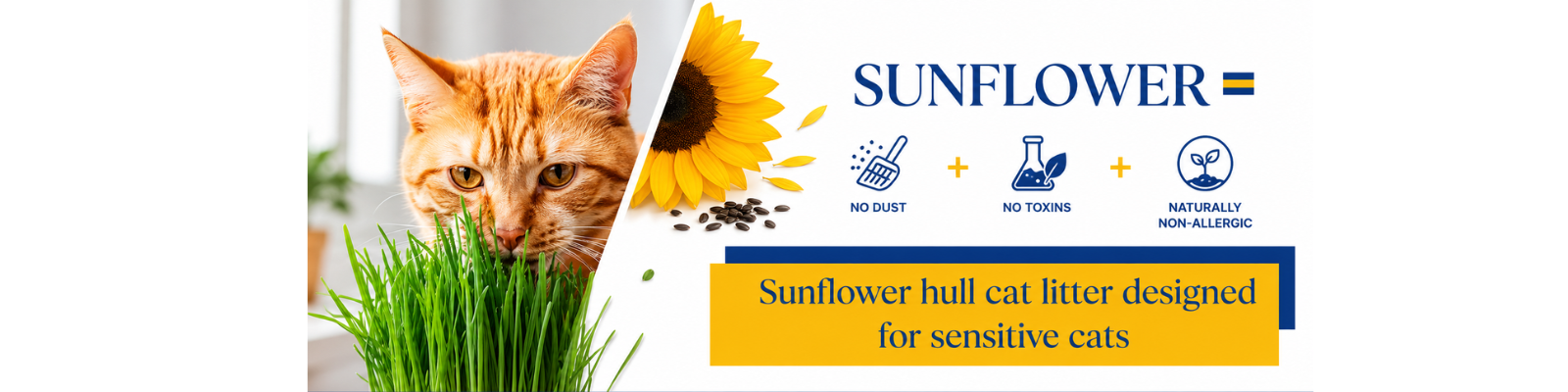 Advertisement for Sunflower cat litter with a cat and sunflower graphics.