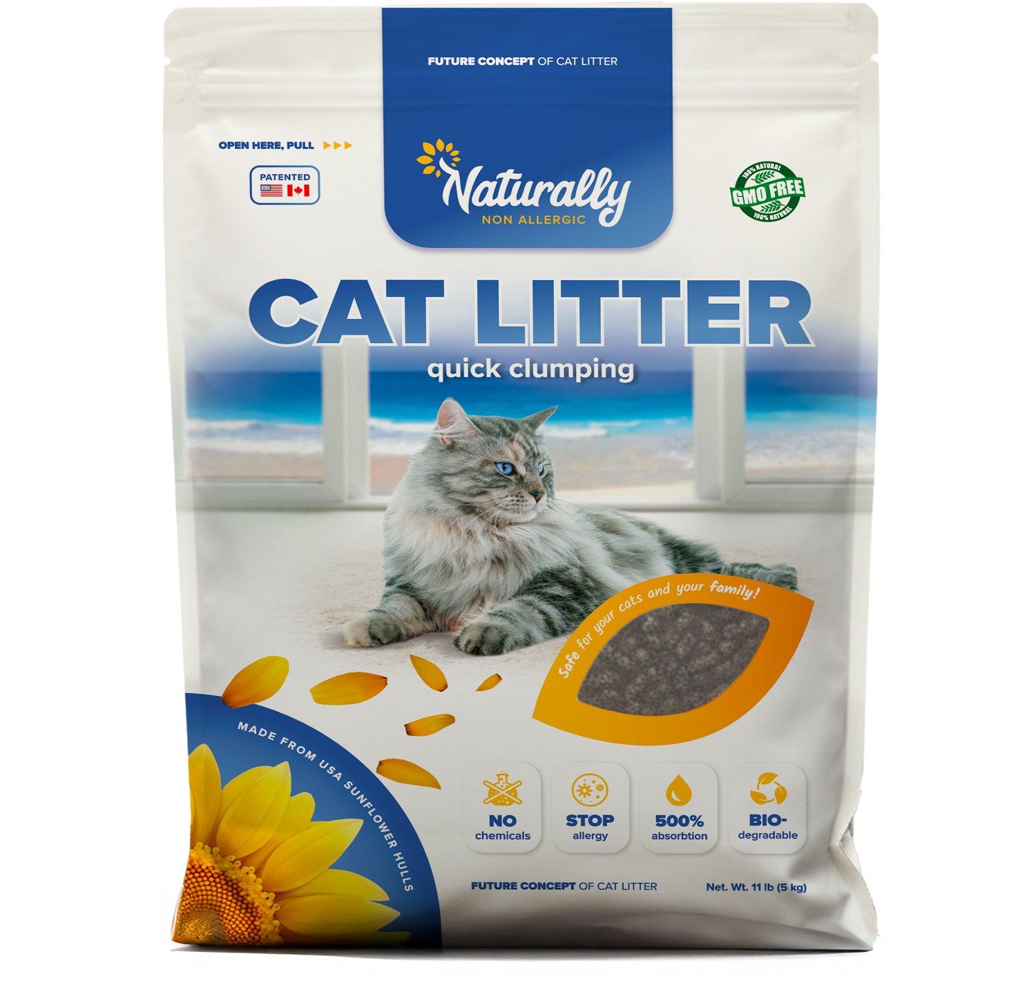 Package of Naturally Quick Clumping All Natural Cat Litter with a cat on the label