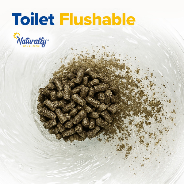 Dog food pellets in a clear container with 'Toilet Flushable' text and Naturally brand logo.