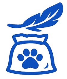Blue icon with a paw print, feather, and container on a white background