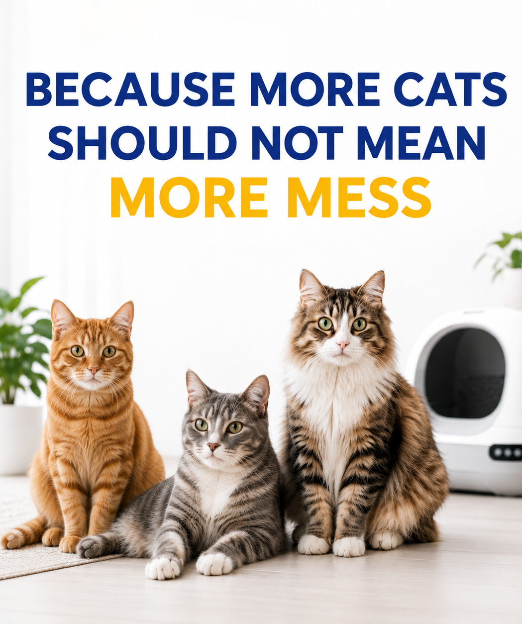 Three cats sitting together with text 'Because more cats should not mean more mess' on a light background.