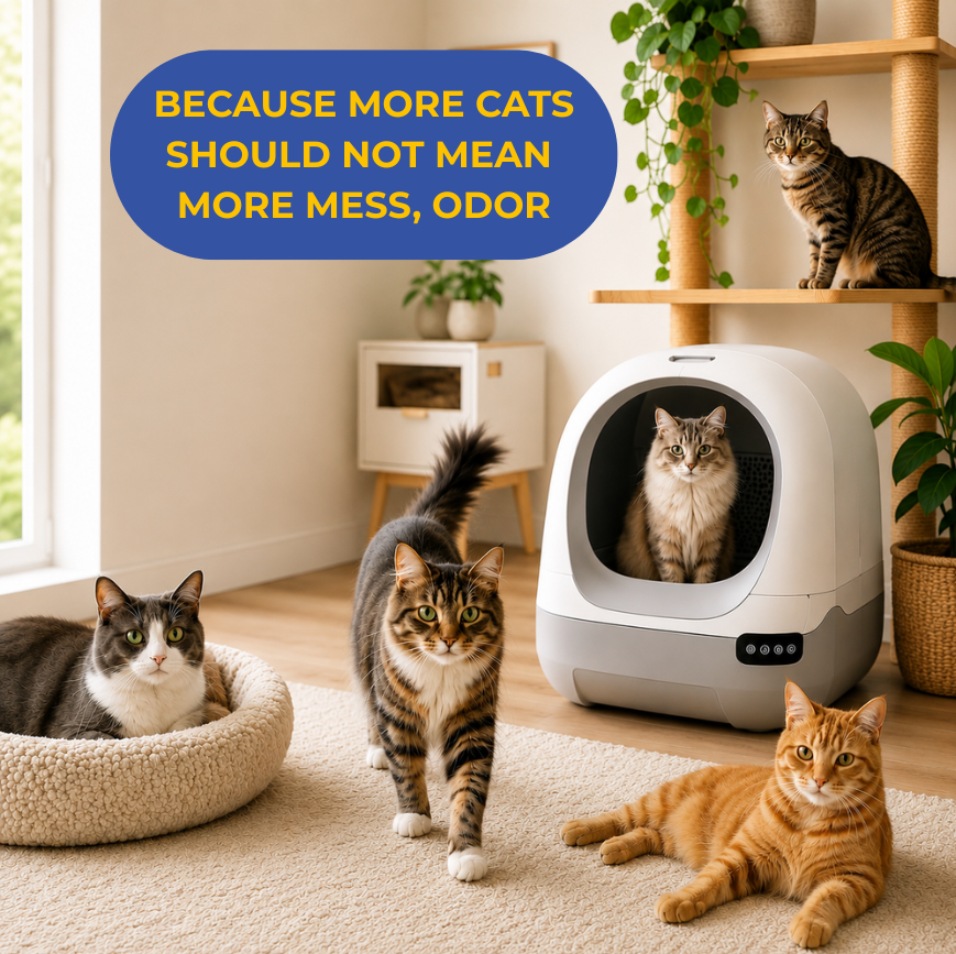 Four cats in a room with a self-cleaning litter box, plants, and furniture.