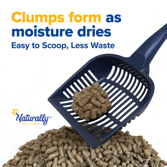 Cat litter scoop with clumped cat litter on a white background, featuring the Naturally brand.