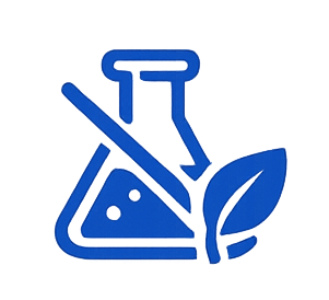 Blue icon of a beaker, leaf, and hourglass on a white background
