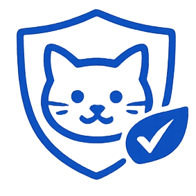 Blue icon of a cat face on a shield with a checkmark, symbolizing pet safety or health.