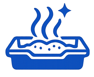 Blue icon of a steaming pet litter box with smoke and a star above it on a white background.