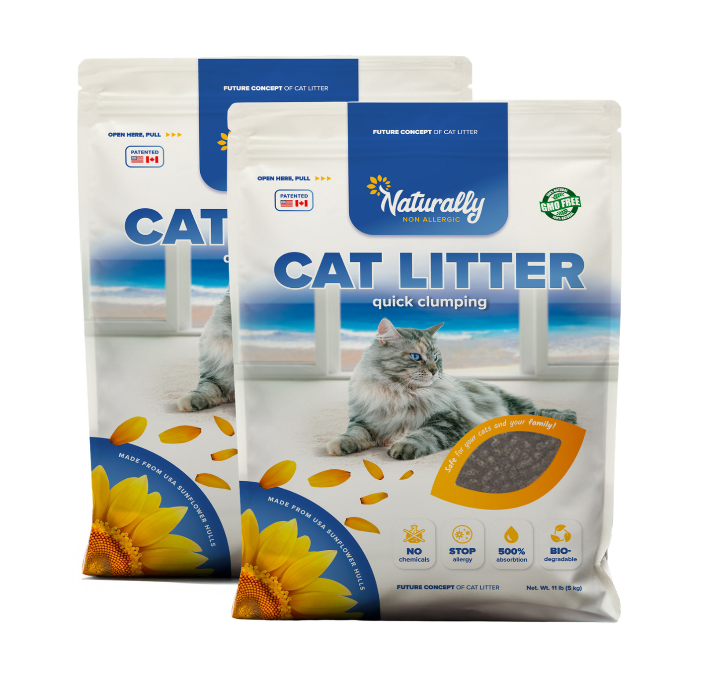 Two packages of cat litter with a cat on the label against a white background