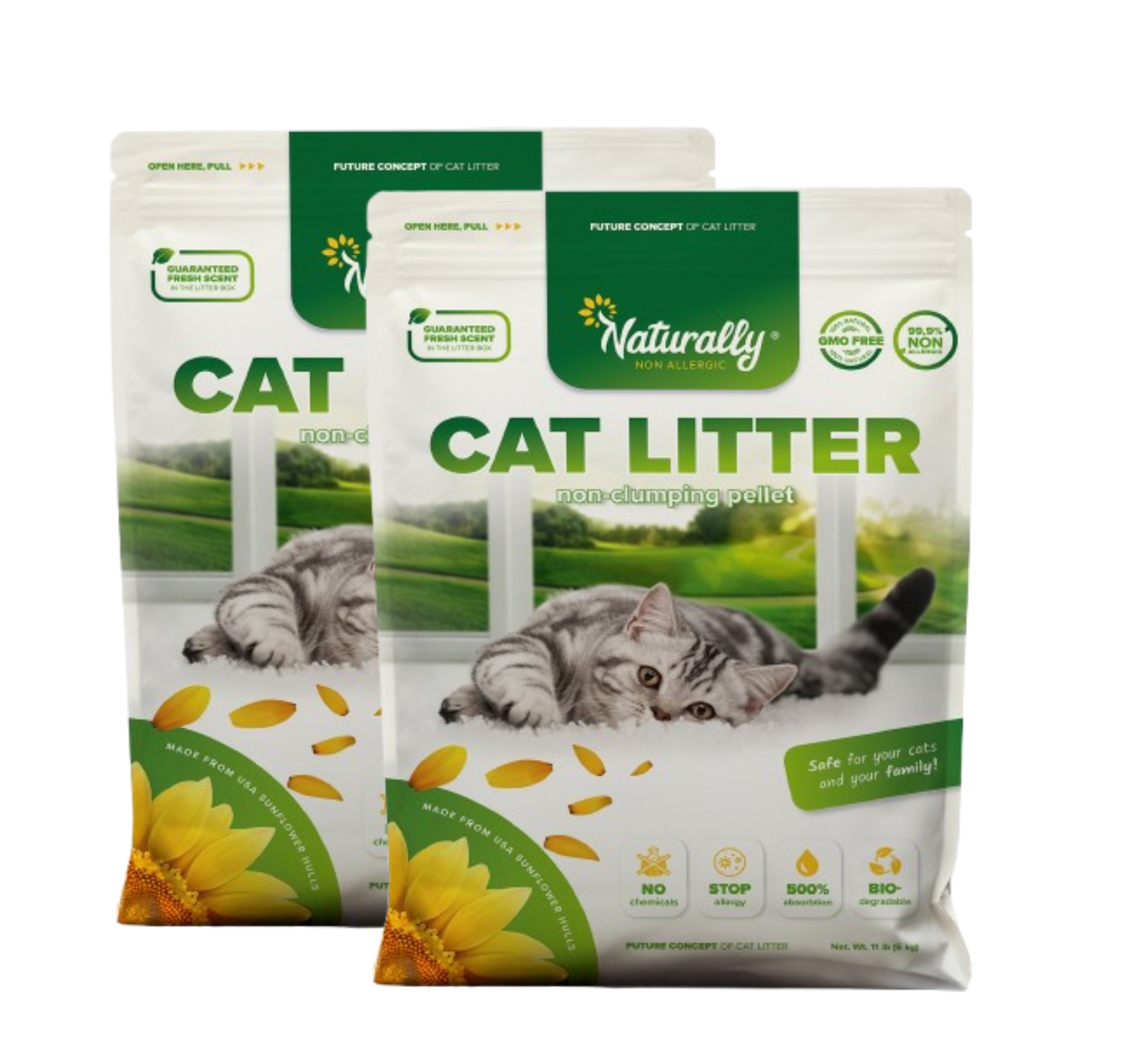 Two packages of Naturally Cat litter with a cat and sunflower design on a white background