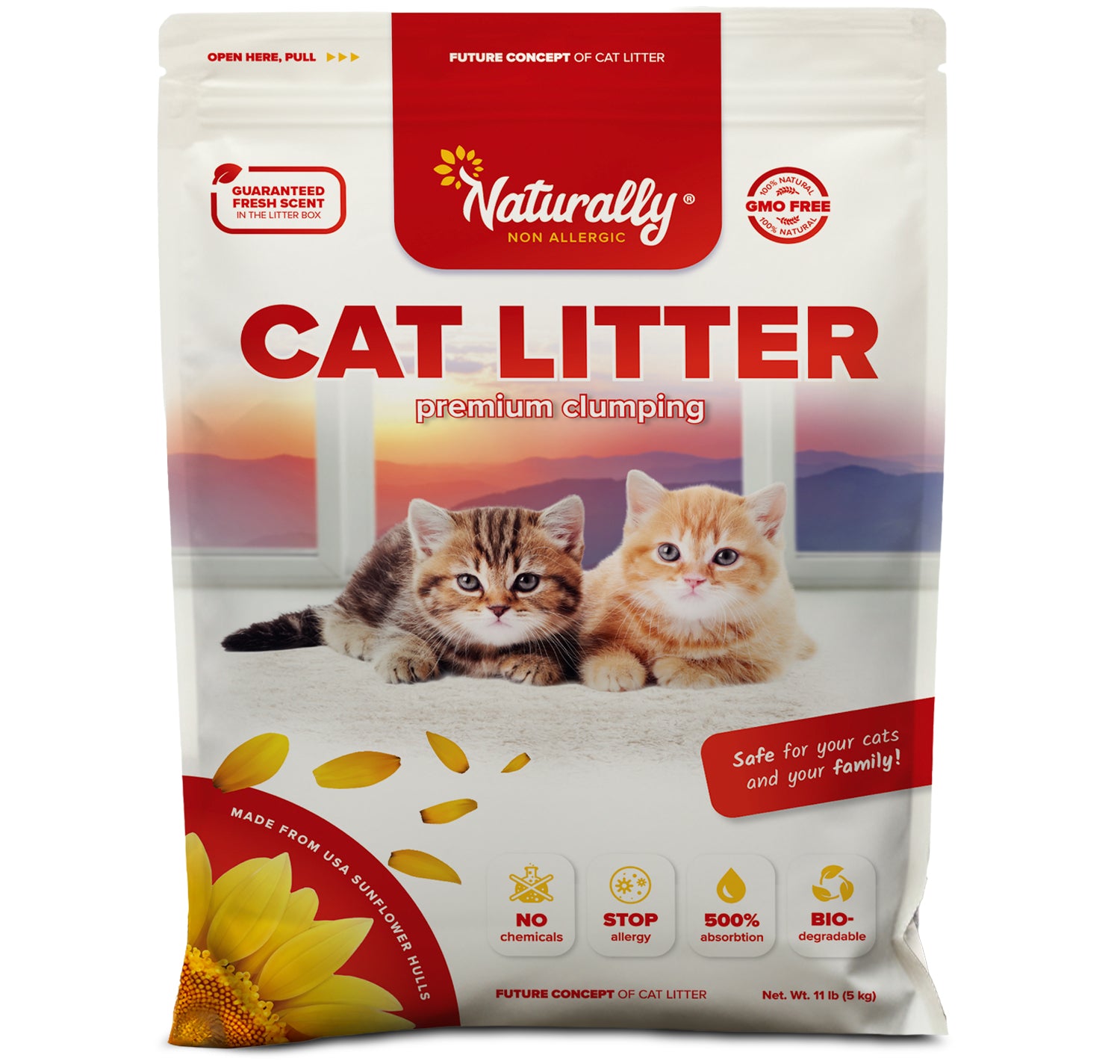 Bag of Naturally Cat Litter with two kittens on a white background